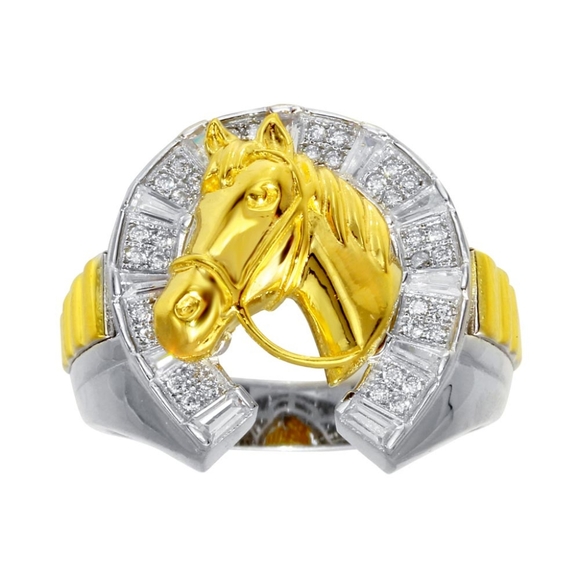 Sterling Silver 2 Toned CZ Horse Shoe Gold Horse Ring